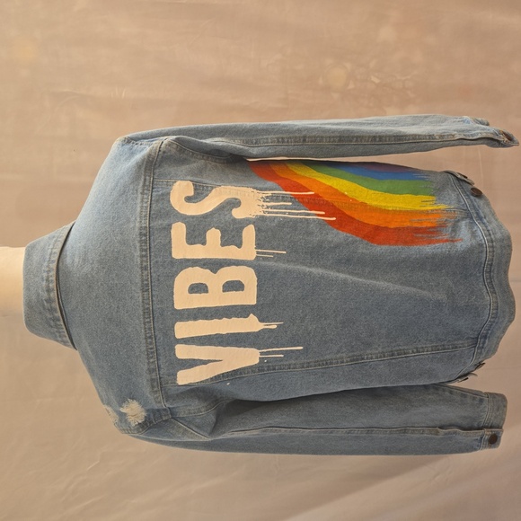 M&M'S Vibes Rainbow Distressed Light Blue Cotton Jean Jacket Womens Size Small - Picture 9 of 12